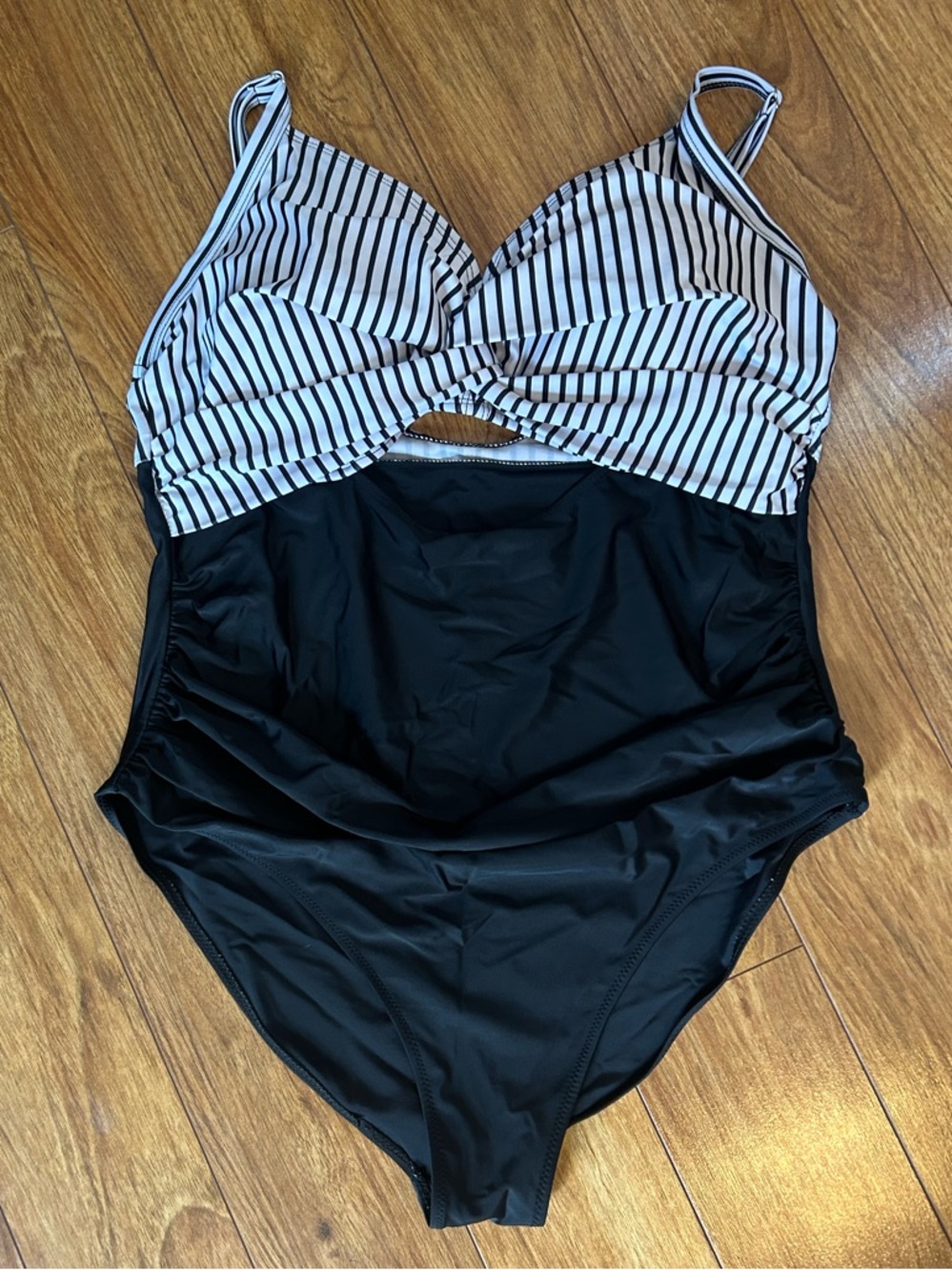 Women’s Striped Black One-Piece Swimsuit with Twist Front XXL